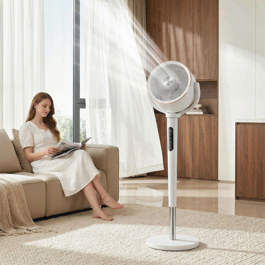 BLDC Pedestal Air Circulator Fan | 20dB Sleep Mode | 717 CFM | 12 Speeds | 3D Oscillation 70°+90° | Night Light & Aromatherapy | Washable Grill | 5m Remote | 12H Timer | 50W | 116.5cm | White
