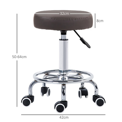 PU Leather Rolling Salon Stool | Height Adjustable 50-64cm | Dia 42cm | Thick Foam Seat | Footrest | 5 Wheels | Backless | 110kg | Grey