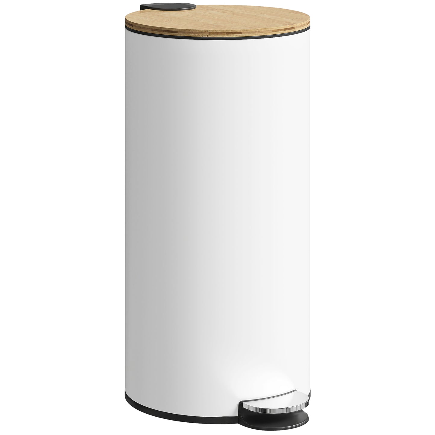 30L Kitchen Pedal Bin | Soft-Close Bamboo Lid | Removable Inner Bucket | Lid Stay-Open | Fingerprint-Proof | Metal & PP | Fully Assembled | 36x30x60.5cm | White & Natural