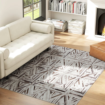 Modern Chenille Area Rug | Faux Leather Patchwork Print | Machine Washable | Non-Slip | Foldable | 230x160cm | Brown | Living Room Bedroom Dining Room Home Office