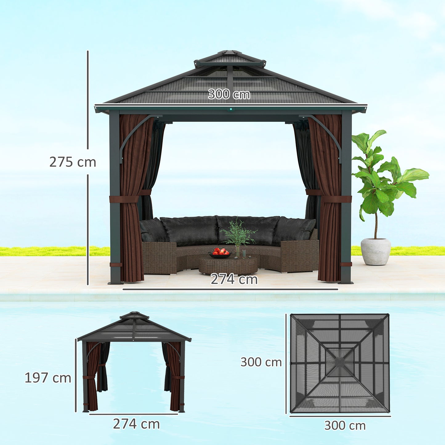 3 x 3(m) Hardtop Gazebo Canopy with 7mm Double Polycarbonate Roof, Garden Permanent Pavilion with Mosquito Netting, Brown