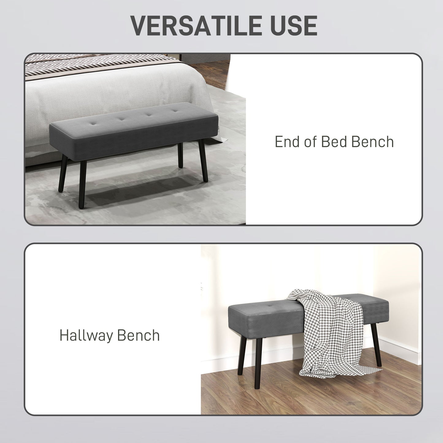 End of Bed Bench, Corduroy Bedroom Bench with Thick Padding and Steel Legs, Tufted Window Seat for Entryway, Living Room, Grey