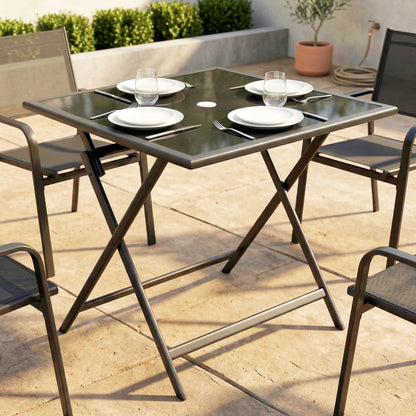 Folding Square Garden Dining Table | Tempered Glass Top | Parasol Hole | 70x70x70cm | Black