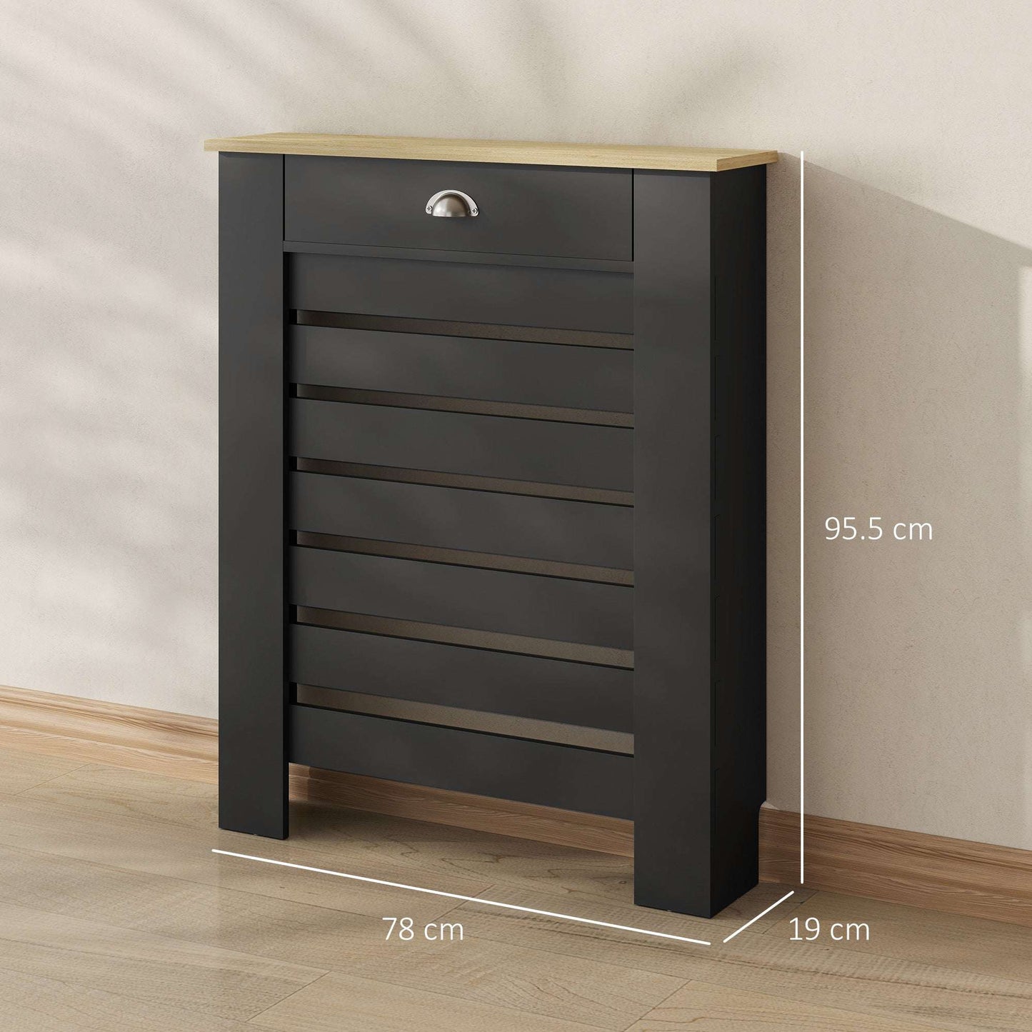 MDF & Particle Board Radiator Cover with 1 Drawer | Slatted Design | Skirting Board Cut-Outs | Easy-Fix Clips | Wood-Effect Top | 5kg Drawer Capacity | 78x19x95.5cm | Black
