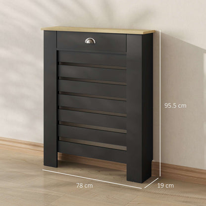 MDF & Particle Board Radiator Cover with 1 Drawer | Slatted Design | Skirting Board Cut-Outs | Easy-Fix Clips | Wood-Effect Top | 5kg Drawer Capacity | 78x19x95.5cm | Black