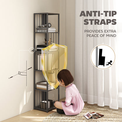 5-Tier Bookshelf with Steel Frame - Grey