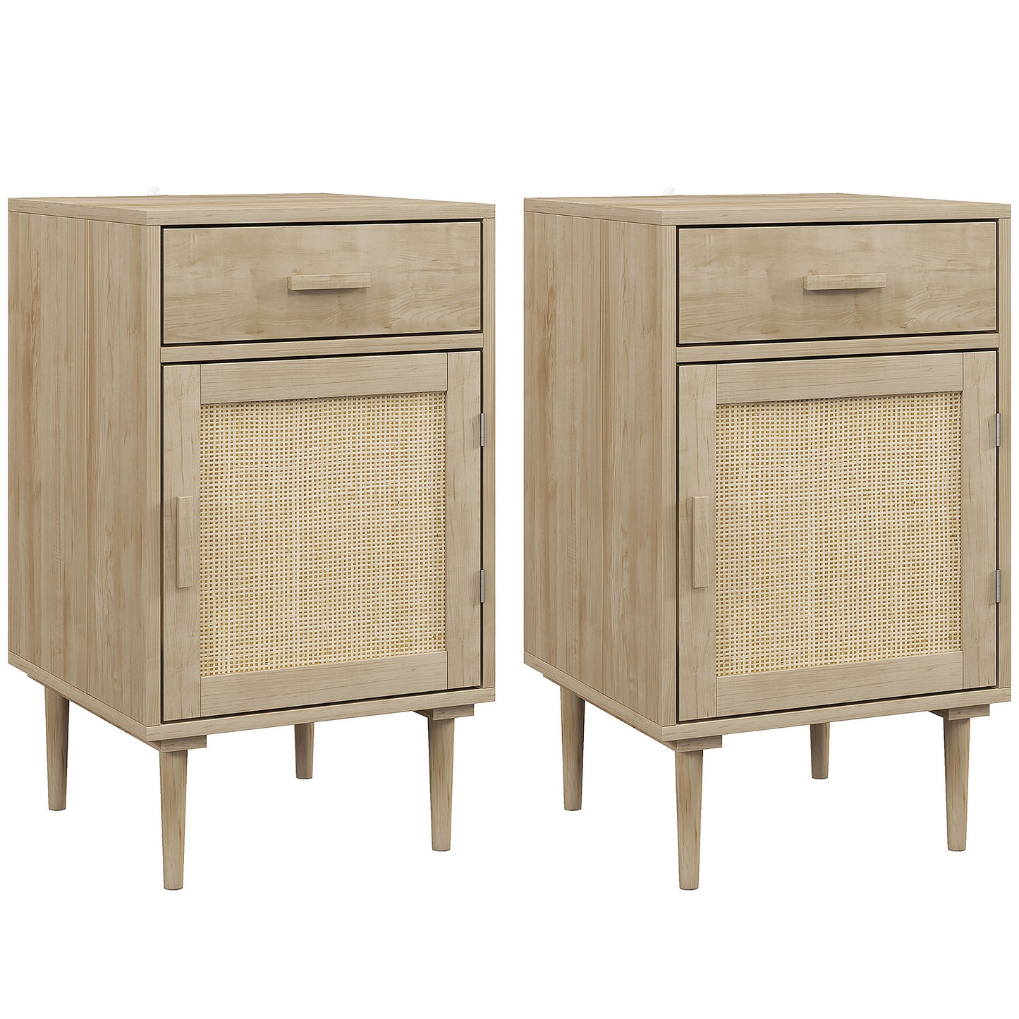 Set of 2 Rattan Boho Bedside Tables | Drawer & Cabinet | Natural Wood Finish