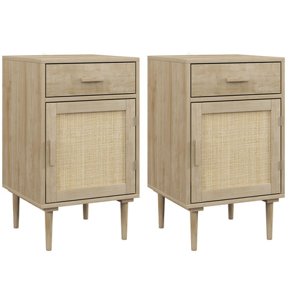 Set of 2 Rattan Boho Bedside Tables | Drawer & Cabinet | Natural Wood Finish