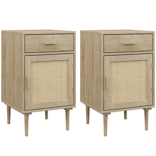 Set of 2 Rattan Boho Bedside Tables | Drawer & Cabinet | Natural Wood Finish