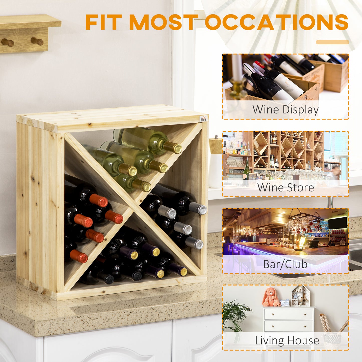 Set of 2 Wooden Wine Rack, X-Shaped Square Tabletop Storage Holder for 24 Bottle, Natural Wood