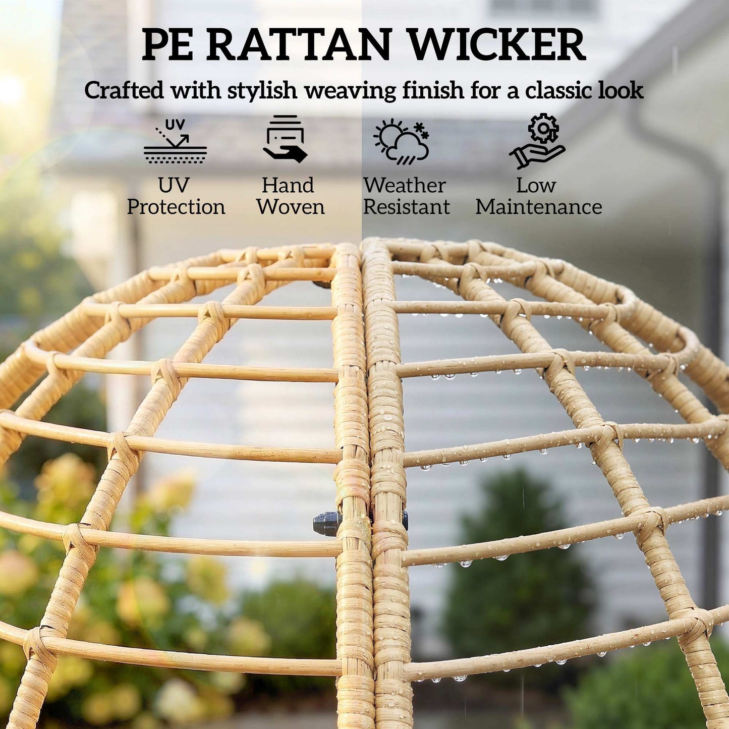 Rattan Egg Chair & Footstool Set | 11cm Tufted Cushions | UV & Weather Resistant | Steel Frame | 120kg | Indoor & Outdoor | Beige