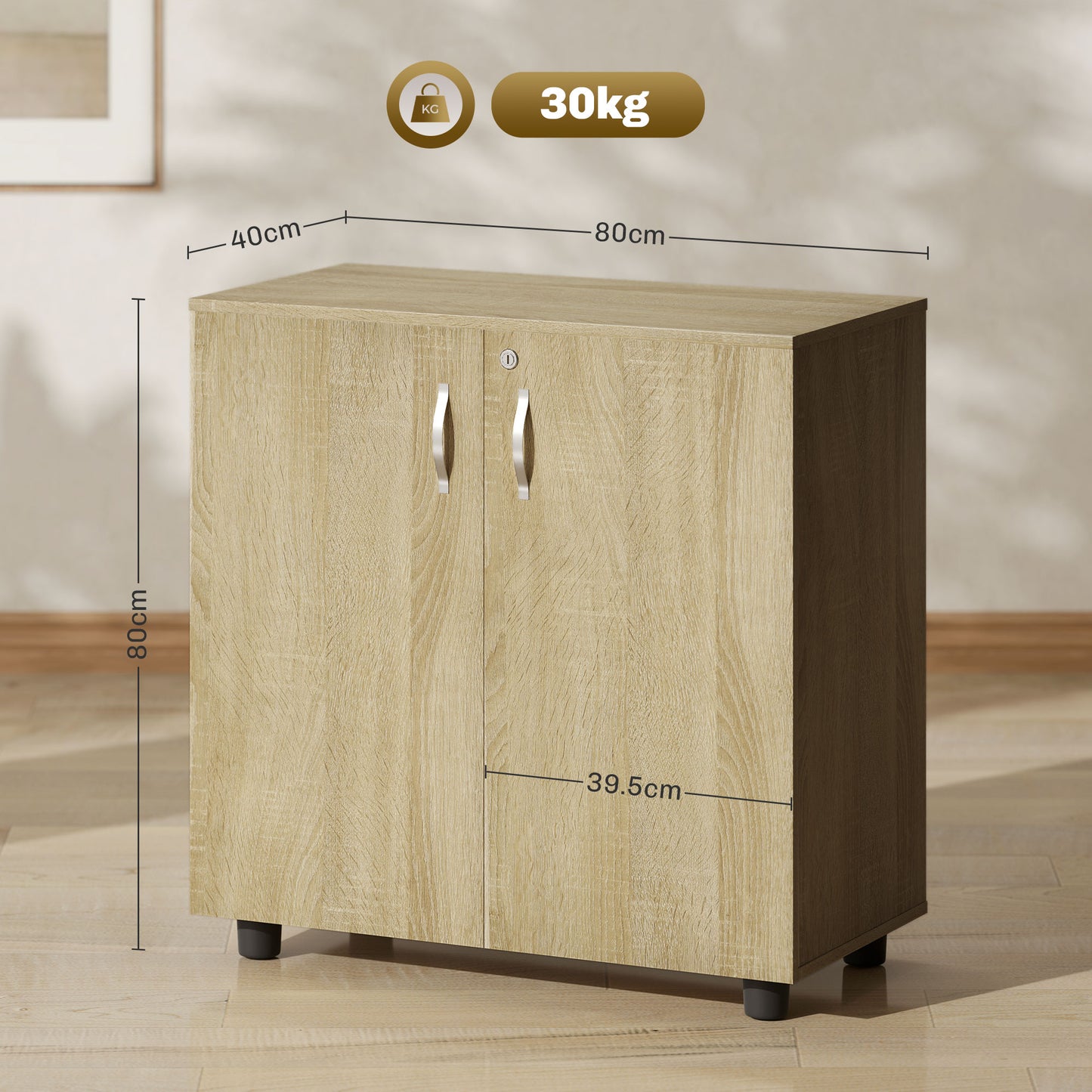 2 Tier Locking Office Storage Cabinet | 80x40x80cm | 2 Hinged Doors | Inner Shelf | 2 Keys | Anti-Slip Feet | Flat Top | 20kg | Oak