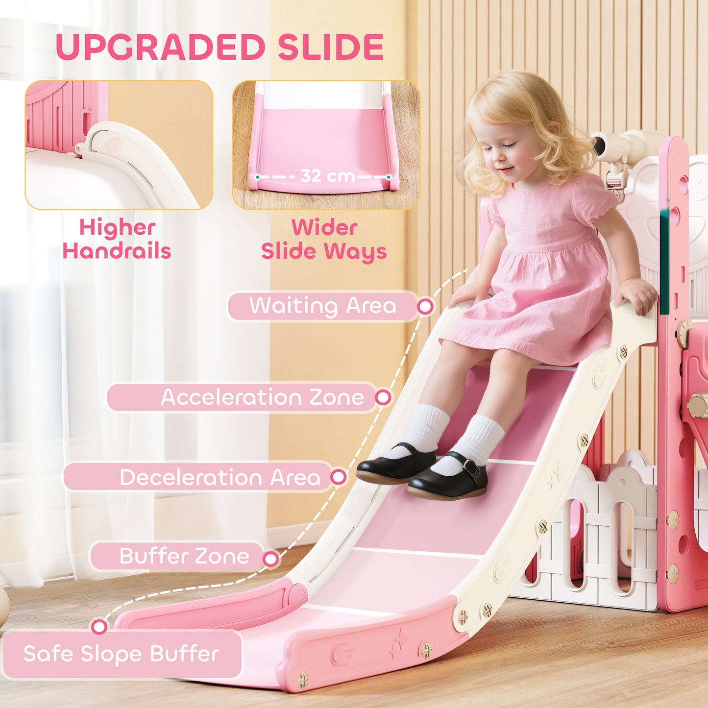 5-in-1 Kids Slide Set with Basketball Hoop, Climbing Frame, Telescope & Storage Box – Anti-Slip Steps, HDPE, Ages 1–3 – Pink