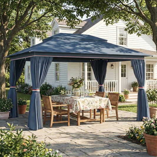 4x3m Permanent Garden Gazebo with Curtains & Netting | Double-Tier UPF50+ Roof | Drainage Holes | Powder-Coated Metal Frame | Expansion Screws | Ground Stakes | Guy Ropes | Dark Blue