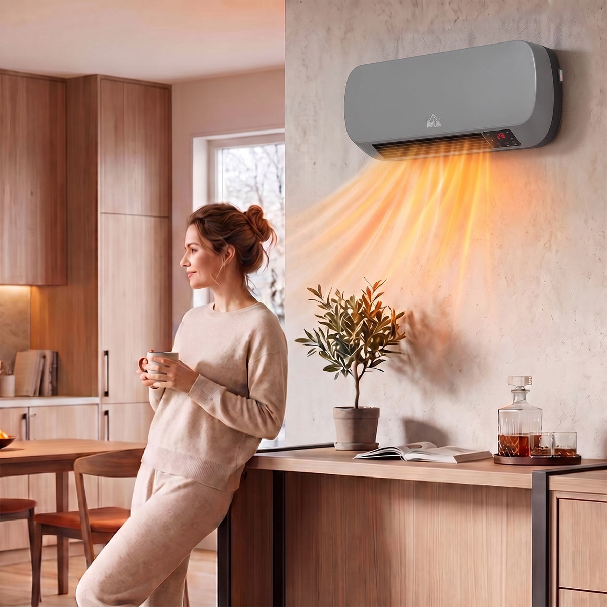 Grey Wall-Mounted Ceramic Heater | 1000W/2000W & Fan Mode | 10–49°C Thermostat | Weekly Timer, LED Display & Remote Control