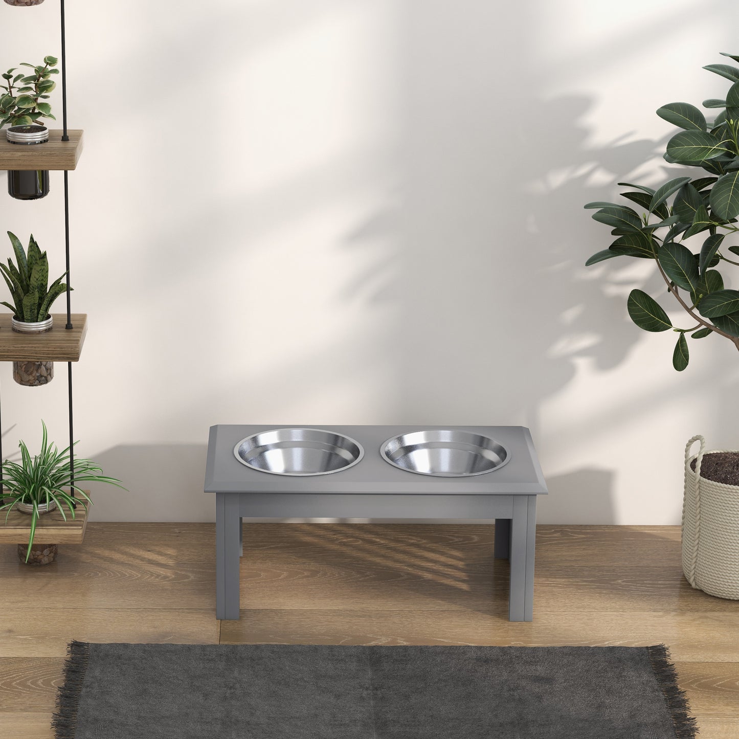 PawHut Raised Dog Feeding Bowls with Stand, Stainless Steel for Small and Medium Dog, 58L x 31W x 25H cm - Grey