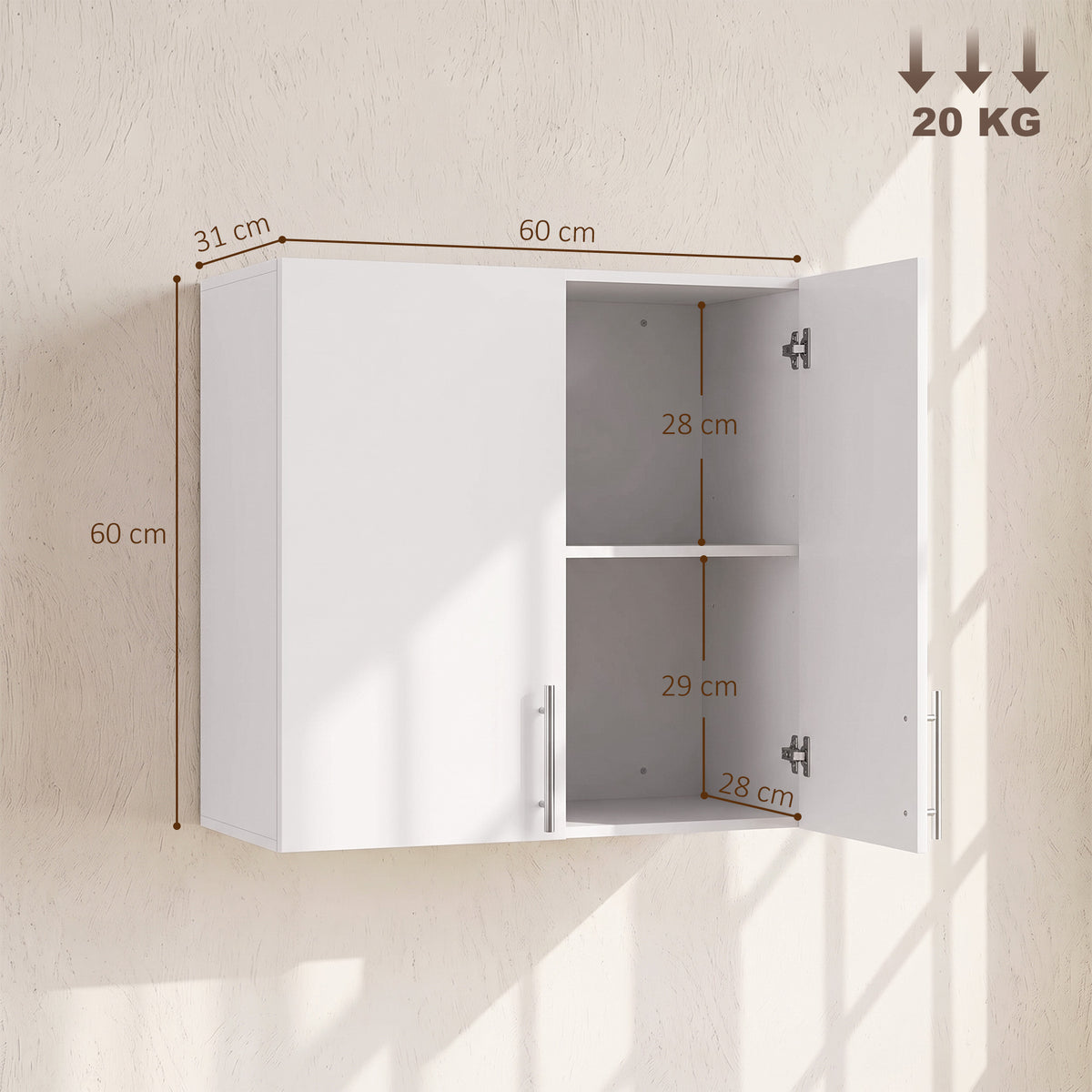 Wall-Mounted Cabinet | White MDF | 60x31x60cm | 2 Doors | Adjustable Shelf 6.4cm Steps | Soft-Close Hinges | 20kg | Bathroom Kitchen Living Room