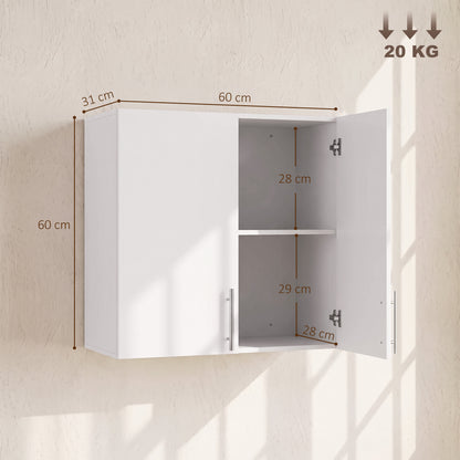 Wall-Mounted Cabinet | White MDF | 60x31x60cm | 2 Doors | Adjustable Shelf 6.4cm Steps | Soft-Close Hinges | 20kg | Bathroom Kitchen Living Room