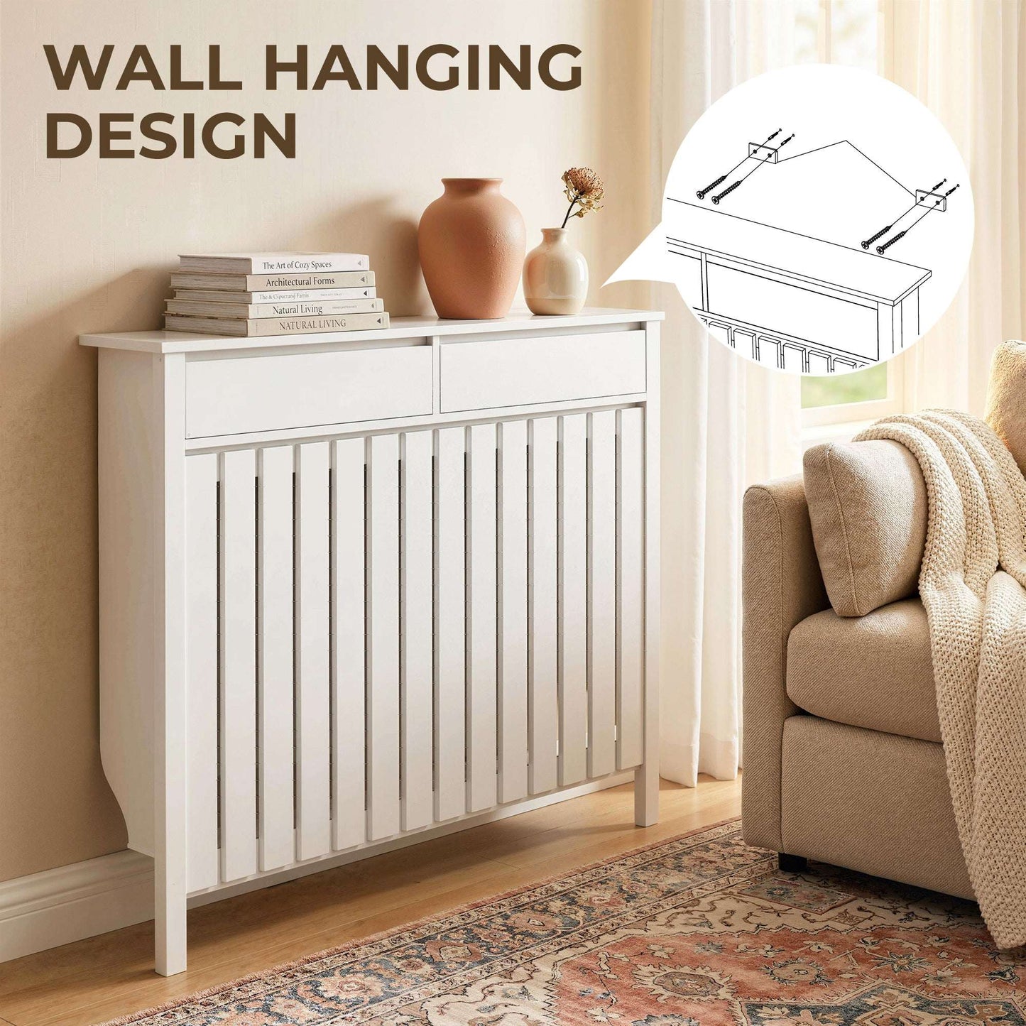 MDF & Particle Board Radiator Cover with 2 Drawers | Vertical Slats | Flat Top Display Surface | Wall Mountable | Pre-Cut Outs | 18kg Capacity | 119x19x93cm | White