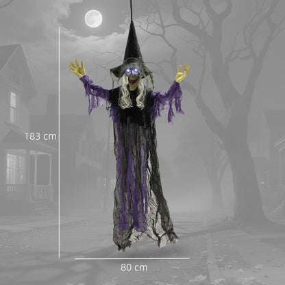 183 cm Life Size Halloween Animated Hanging Witch with Glowing LED Eyes, Spooky Witch Scary Halloween Decorations, Battery Operated, Indoor Party Props