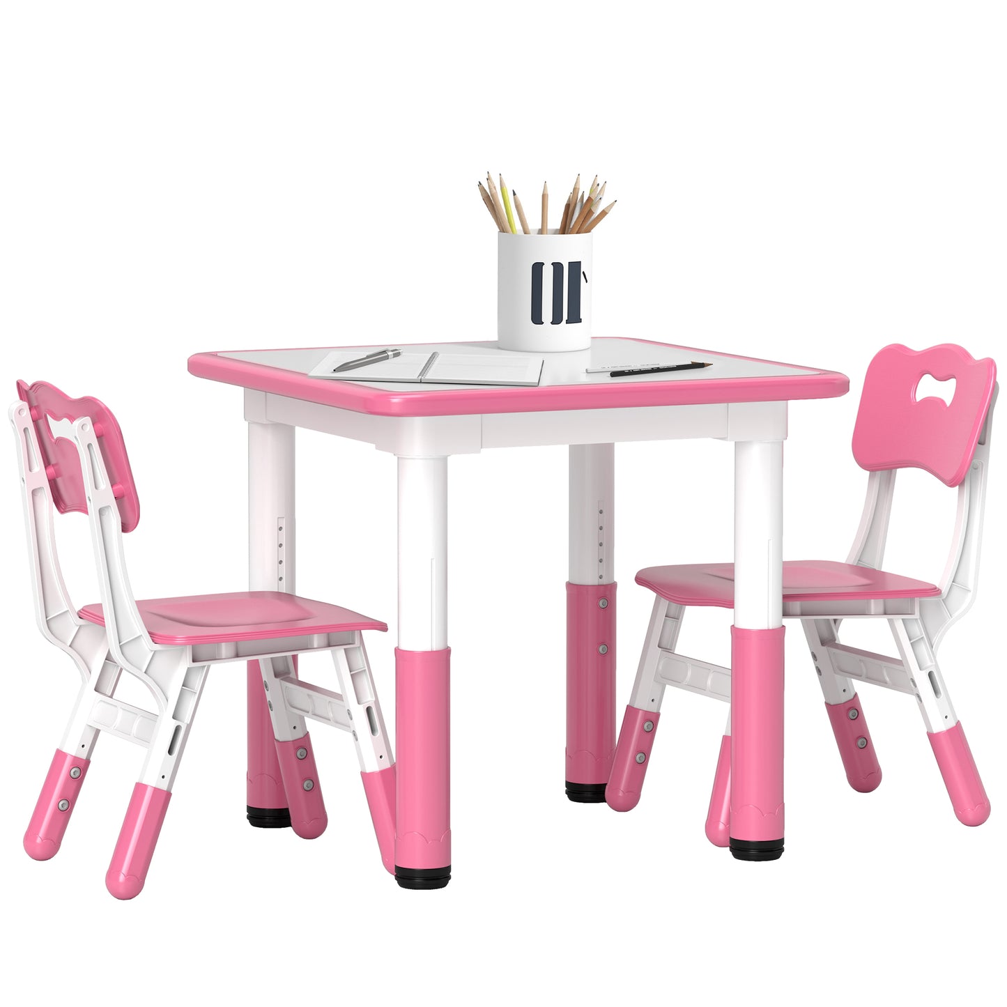 AIYAPLAY Height Adjustable Toddler Table and Chair Set, 3 Pcs Children Activity Table w/ 2 Chairs, for Playroom, Bedroom - Grey / Pink