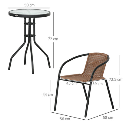 3 Piece Rattan Bistro Set | 2 Leisure Chairs | 5mm Tempered Glass Coffee Table | Handwoven PE Rattan | Powder Coated Steel | Adjustable Feet | Brown