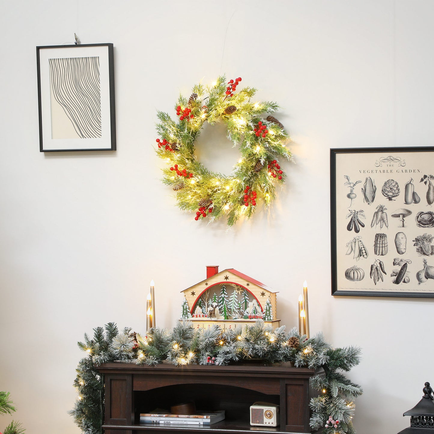 60 cm Prelit Christmas Wreath, Door Wreath with Realistic Branches, 30 Warm White LEDs, Timer, Battery Operated