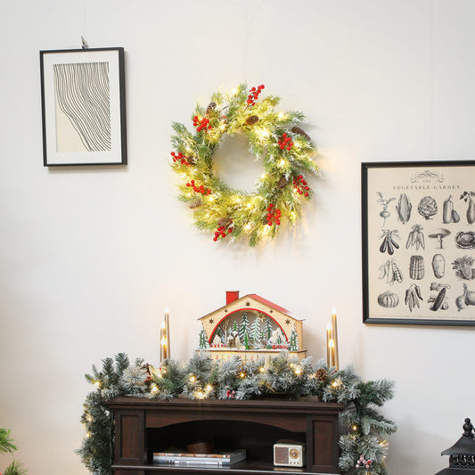 60 cm Prelit Christmas Wreath, Door Wreath with Realistic Branches, 30 Warm White LEDs, Timer, Battery Operated