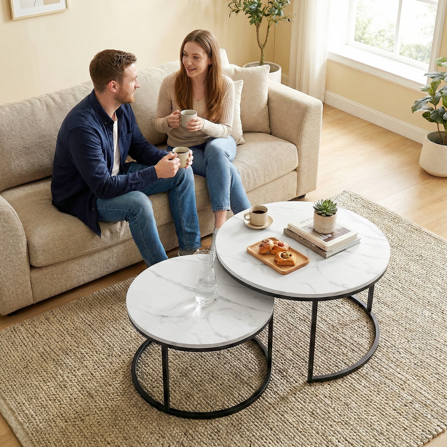 Set of 2 Round Nesting Coffee Tables | Marble-Effect MDF Top | Steel Frame | 50kg | Marble White