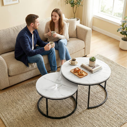 Set of 2 Round Nesting Coffee Tables | Marble-Effect MDF Top | Steel Frame | 50kg | Marble White