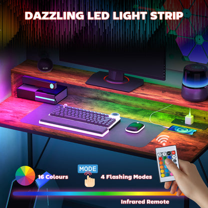 120cm Computer Desk with LED Lights and Power Outlets, Gaming Desk W/ Monitor Stand, Computer Table with Remote for Home Office Study