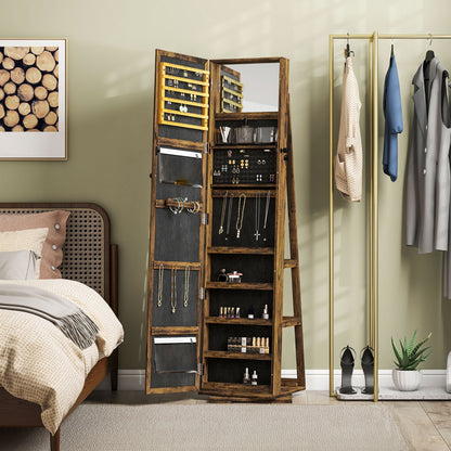 360° Swivel Jewellery Cabinet, Mirror Armoire, Full Length Mirror, Lockable Jewellery Organiser with Built-In Small Mirror, Rustic Brown