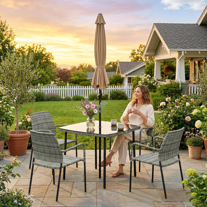 6-Piece Rattan Garden Dining Set with Parasol | 4 Stackable Chairs | Tempered Glass | Light Grey