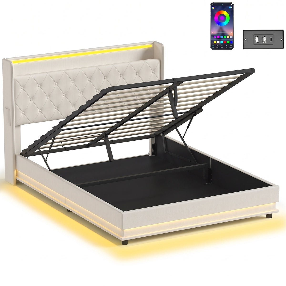 5ft King Ottoman Bed Frame | Cream Linen-Look Fabric | 214x157x113cm | Hydraulic Lift Storage 150x200x20cm | RGB LED Lights | USB-A & USB-C Charging | 300kg | EVA Noise Strips