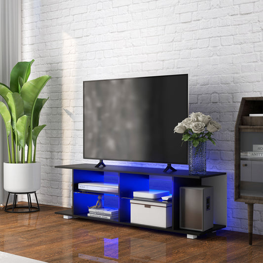 TV Stand, 145cm Modern TV Unit with Glass Shelves, RGB LED Light for 32 40 43 50 52 55 60 inch 4k TV, Black