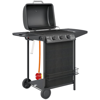 3+1 Burner Gas BBQ Grill, Portable Gas Barbecue Grill with Built-in Thermometer, Lid, Side Table, Shelf, Spice Rack, Wheels, Grease Cup for Garden