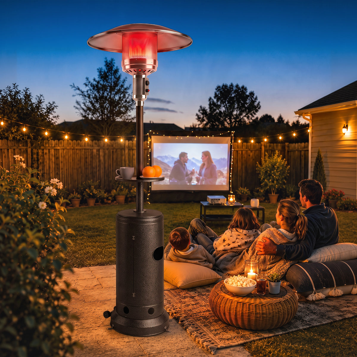 Outsunny Gas Patio Heater with Side Table | Brown Metal | 5-13kW Stepless | 30m² Coverage | Piezo Ignition | Tip-Over Protection | Propane Butane | 40cm Table | Tank Cabinet | 81x81x221cm