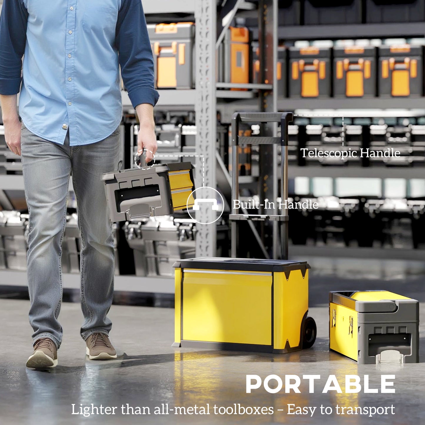 3-in-1 Stackable Three Tier Rolling Tool Storage Box On Wheels - Yellow