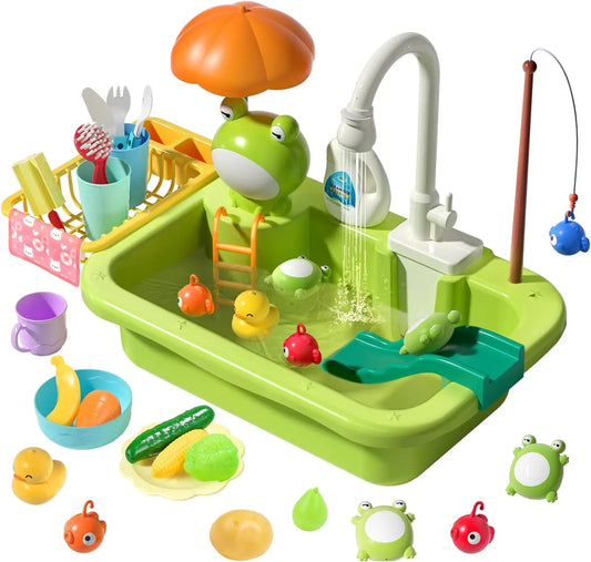 CUTE STONE Play Sink With Running Water, Electric Faucet, Kitchen & Pool Toys, Role Play Dishwasher