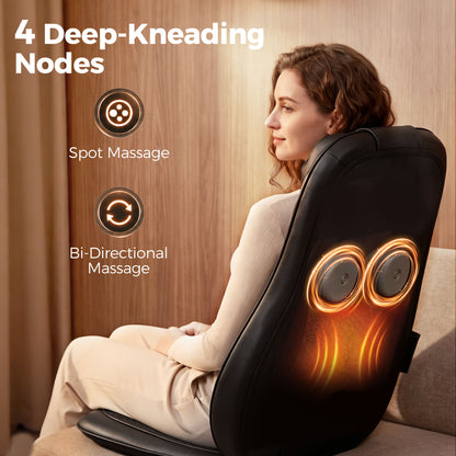 Shiatsu Back Massager Chair Pad | 4 Kneading Nodes | Spot Function | Heat | 3-Level Vibration | Car & Home | Black