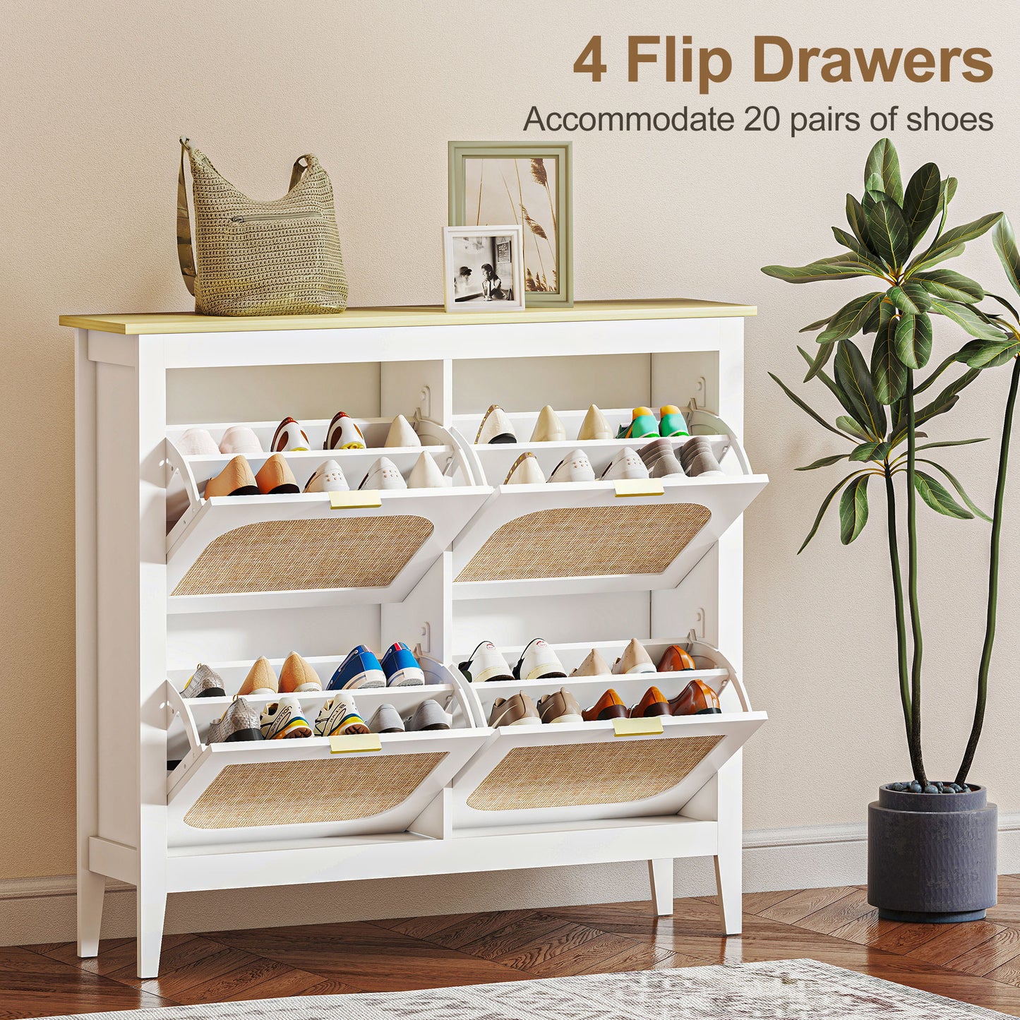 Slim Boho Shoe Cabinet | 4 Flip Drawers | Rattan Doors | Oak-Effect Top | 20 Pairs Up to UK Size 7 | Anti-Tip | 105x24x95.5cm | 50kg | White