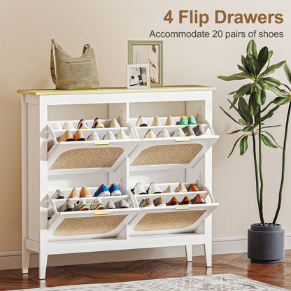 Slim Boho Shoe Cabinet | 4 Flip Drawers | Rattan Doors | Oak-Effect Top | 20 Pairs Up to UK Size 7 | Anti-Tip | 105x24x95.5cm | 50kg | White