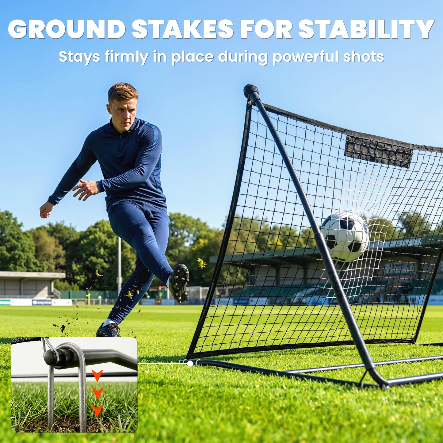 Portable Football Rebounder Net | 140x90cm | Tetoron Net | Steel & Fibreglass Frame | Carry Bag | Ground Stakes | Black