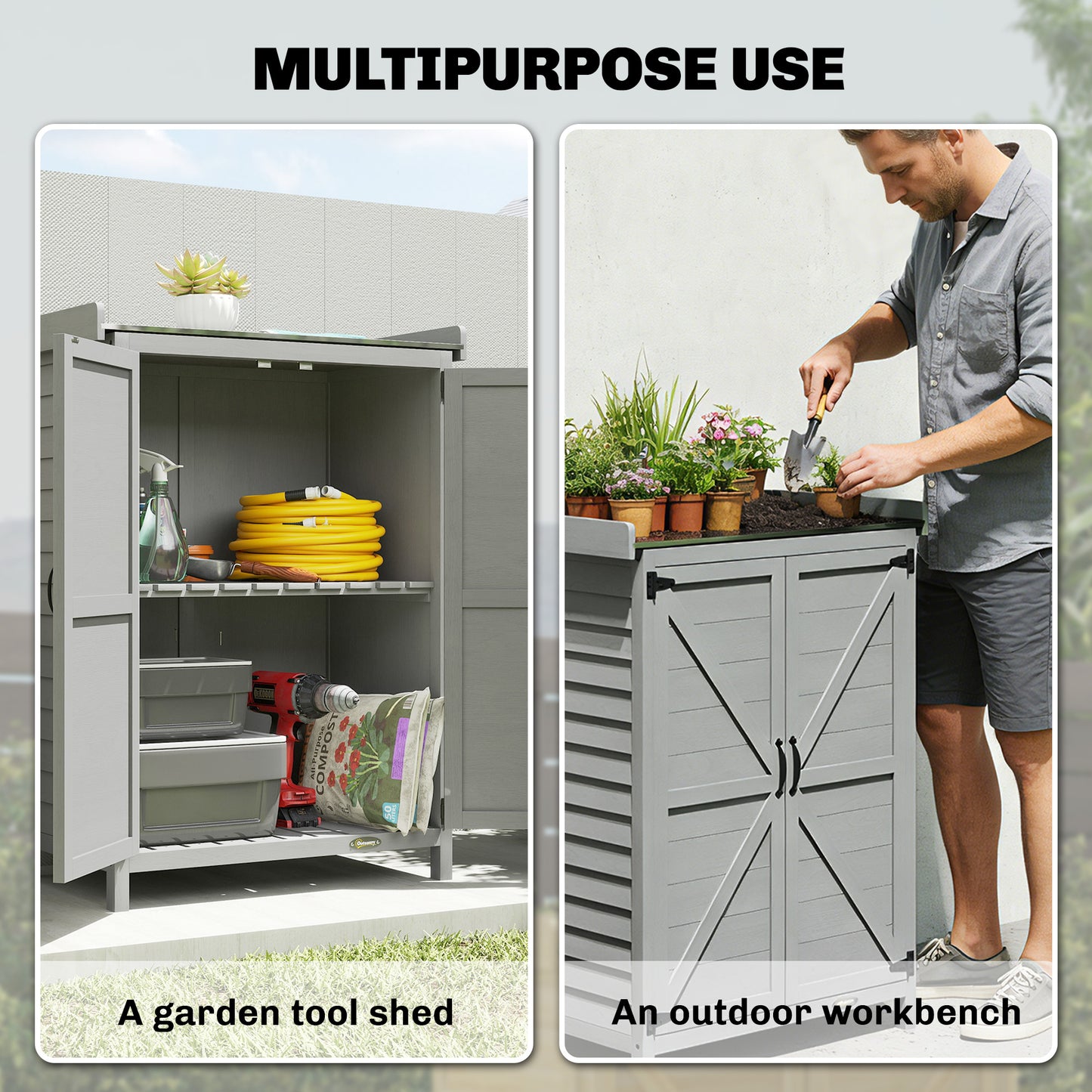 2-in-1 Fir Wood Potting Table & Garden Tool Storage Shed | Galvanised Metal Worktop | Double Doors | Shelf | Side Hooks | Raised Base | Water-Based Paint | 71.5x39x95cm | 30kg Capacity | Grey