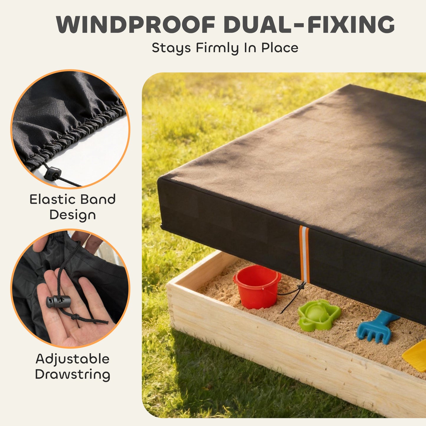 Sandpit Cover Waterproof & UV Protection – 420D Oxford Cloth, Dual Drawstring & Elastic Fix, Reflective Strips, Fits 123–127cm Sandpits, Storage Bag Included – Black