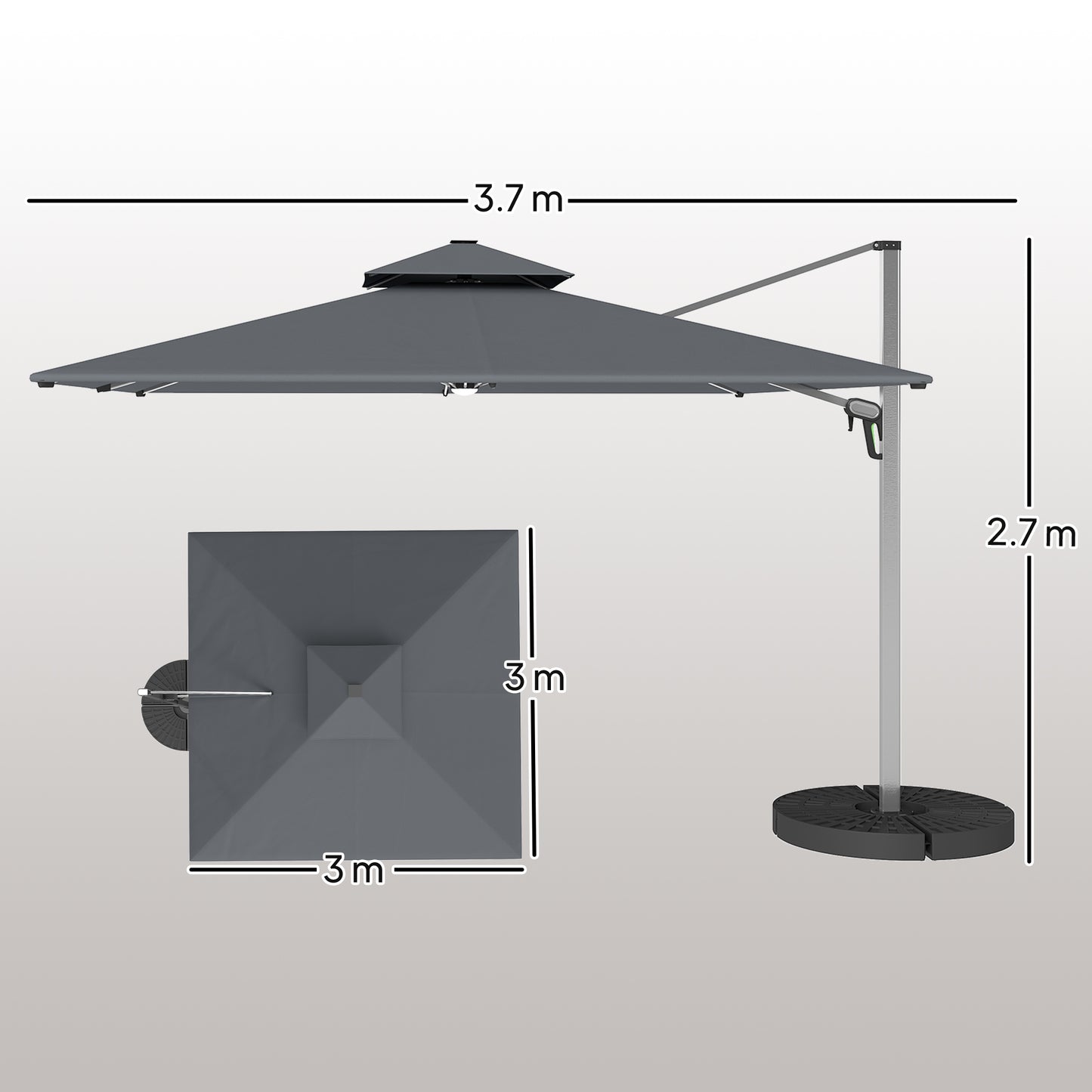 Outsunny 3(m) Garden Cantilever Parasol with Solar LED Lights, Cross Base, 360° Rotation, Crank Handle and Tilt, Grey