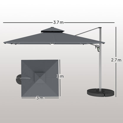 Outsunny 3(m) Garden Cantilever Parasol with Solar LED Lights, Cross Base, 360° Rotation, Crank Handle and Tilt, Grey