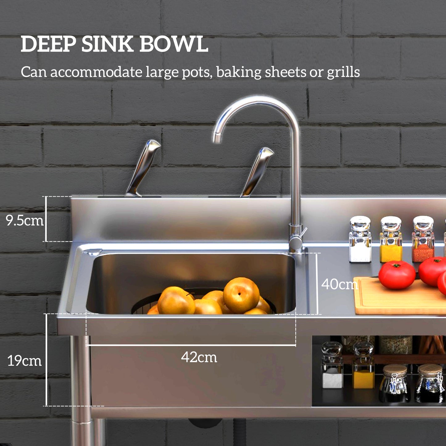 Outdoor Stainless Steel Kitchen Sink, Freestanding Single Bowl with Cold and Hot Water Pipe