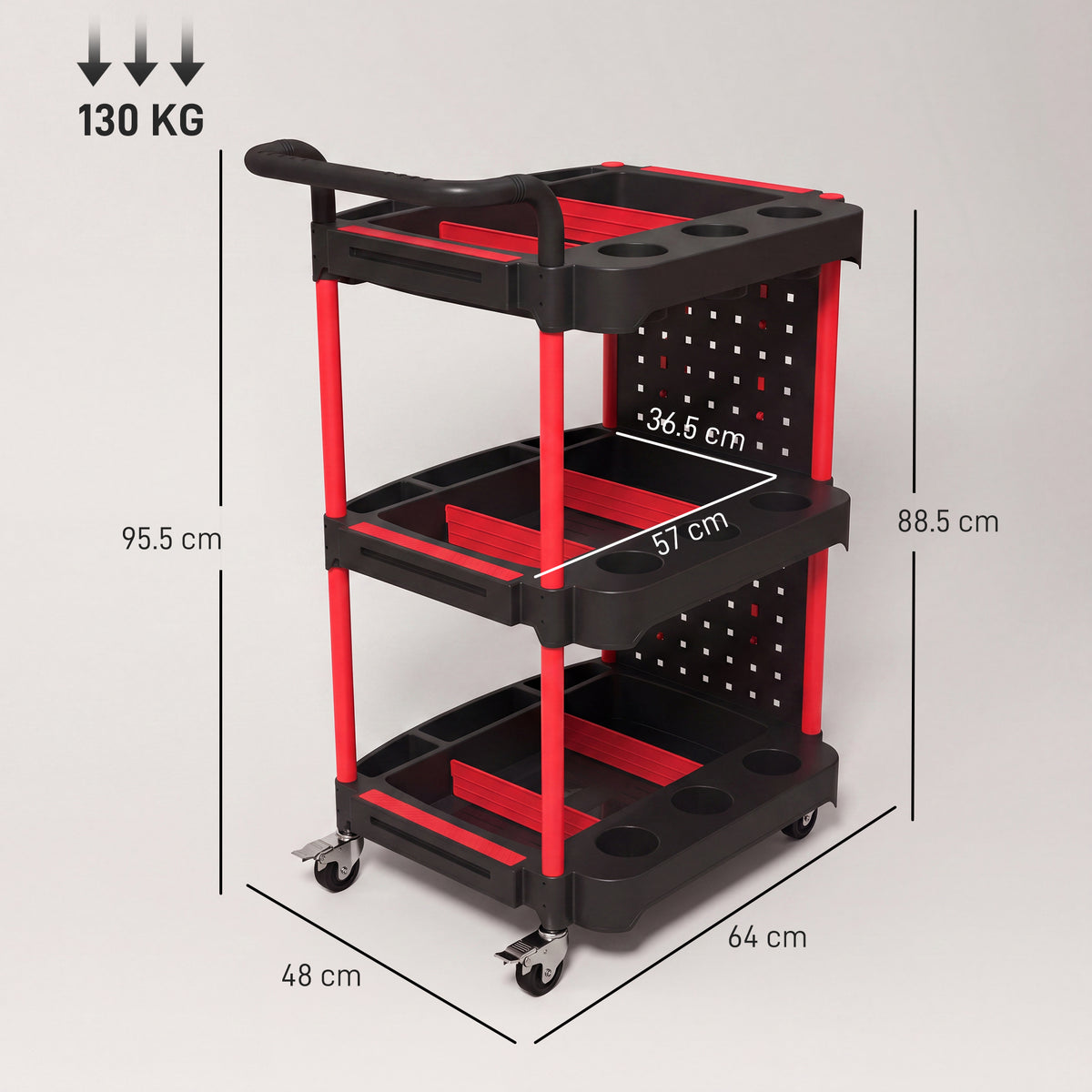 3-Tier Rolling Tool Cart | Mobile Workshop Trolley with Pegboard, 8 Hooks & 2 Brakes | 130 kg Capacity | Black & Red