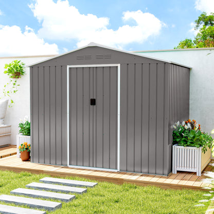 Large Galvanised Steel Garden Storage Shed | Double Sliding Door | 4 Ventilation Slots | Sloped Roof | 20kg/m² Snow Load | 236x171x191cm | Bikes Scooters Tools & Bins | Light Grey